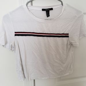 white crop top with red white and black stripe